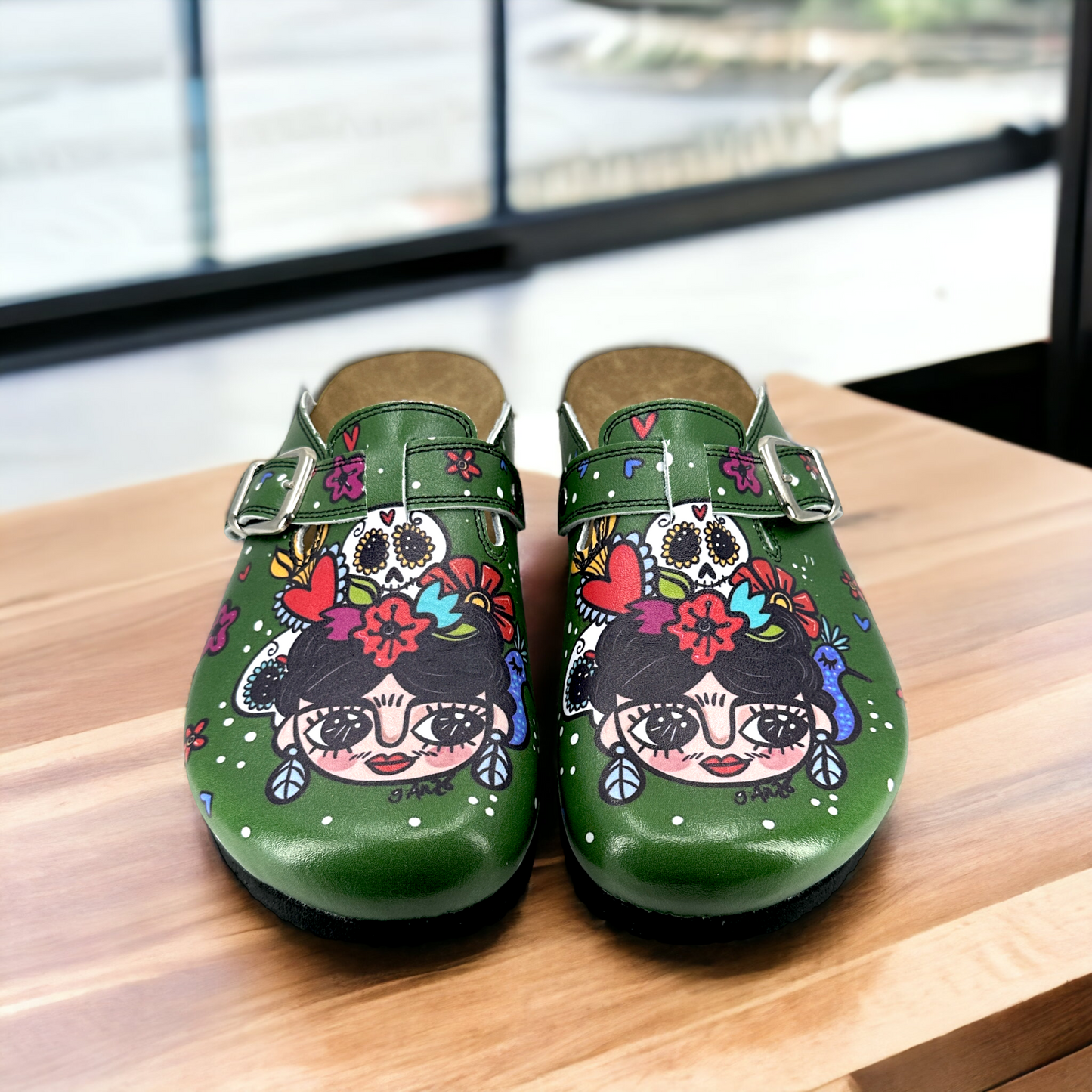 Green Frida Kahlo Boston Leather Slippers Clogs