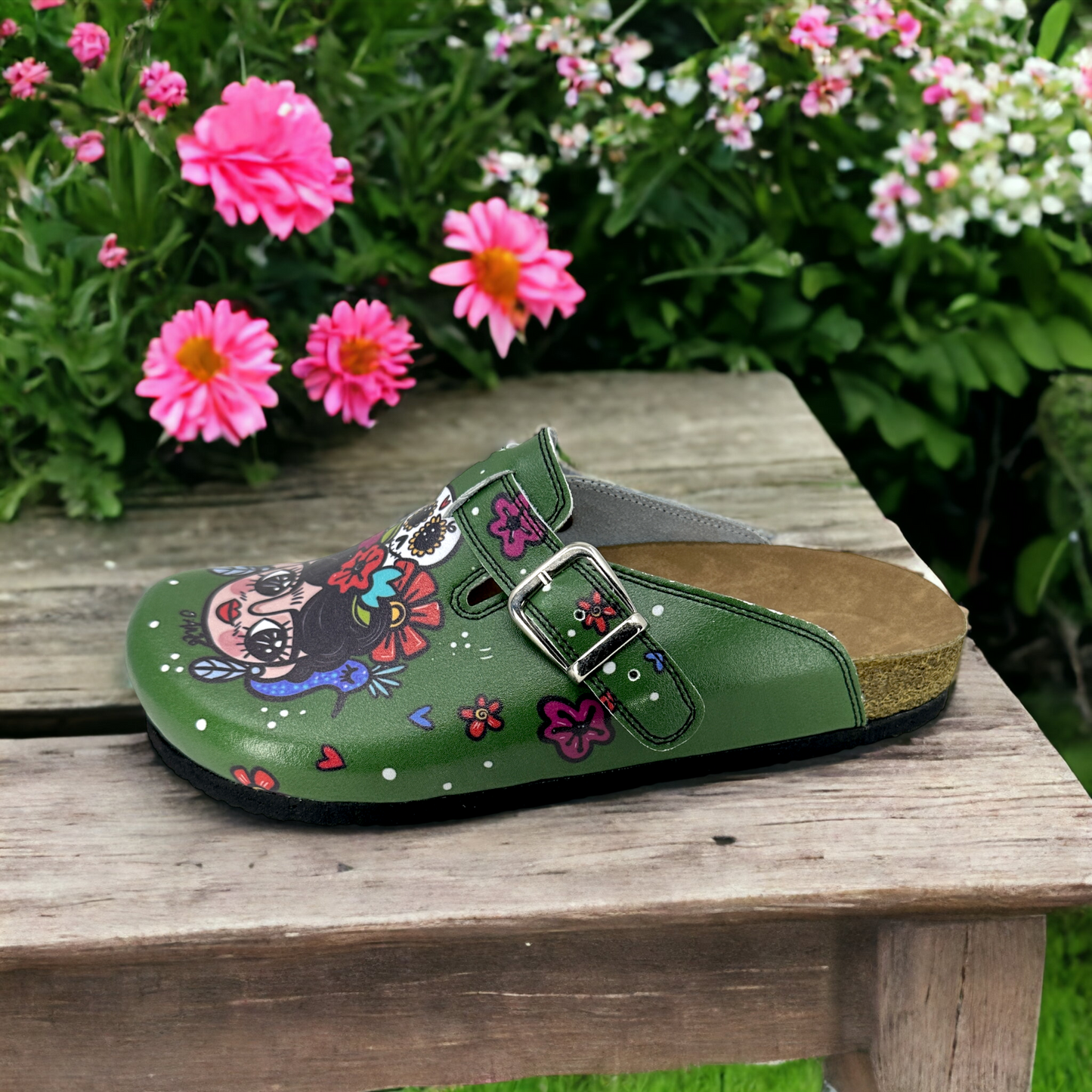 Green Frida Kahlo Boston Leather Slippers Clogs