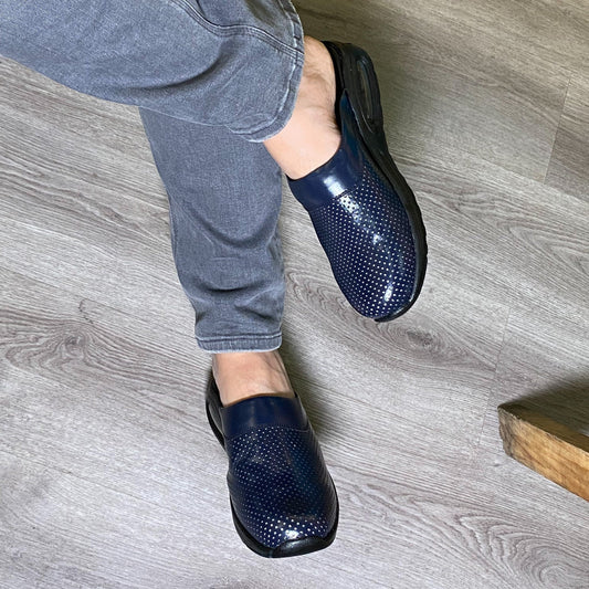 Navy Blue Men’s Leather Clogs Slippers Mules  Handmade, High Heel, Platform, Gift for Him, Gift for Men, Slip Resistant
