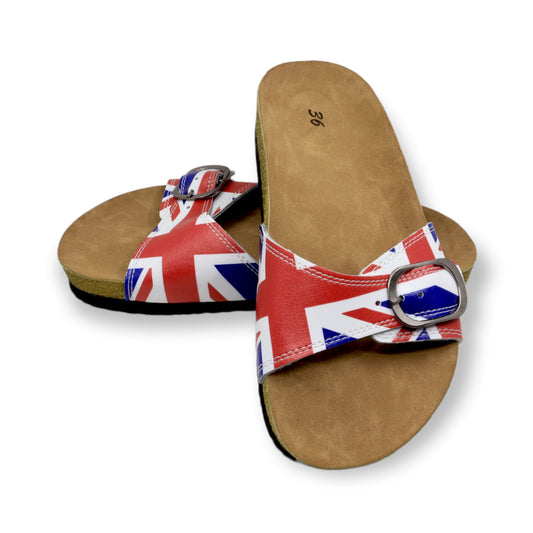 British Flag Single Band Open Toe Leather Sandals, Clogs, Slippers Mules   Gift for Women and Men, Unisex, Super Comfy, Handmade, Low Heel