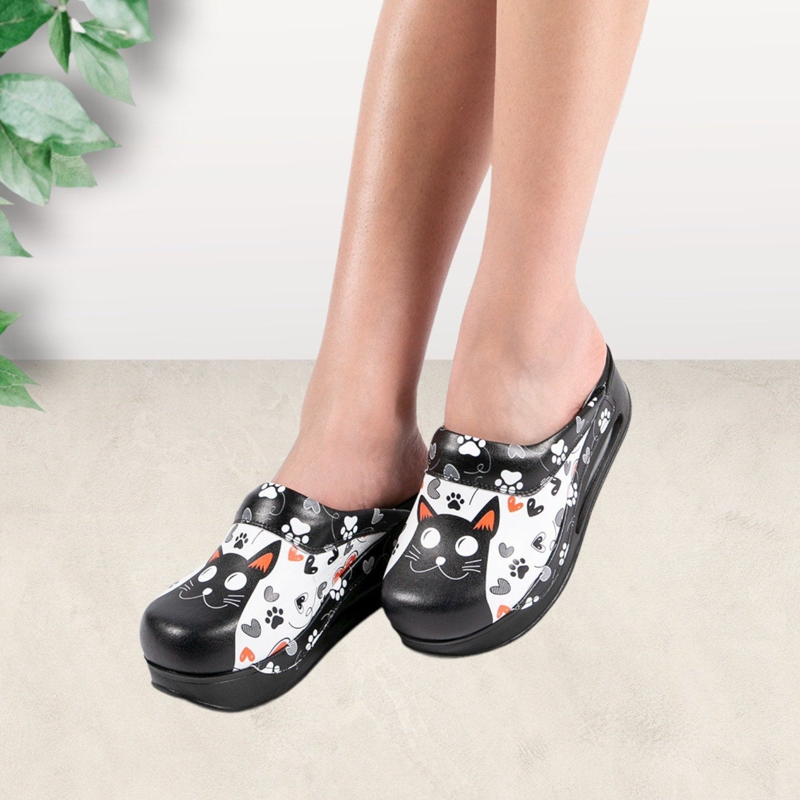 Black Cat Leather Clogs, Slippers, Mules, Nursing Clogs  Handmade, High Heel, Platform, Gift for Her, Gift for Women, Slip Resistant