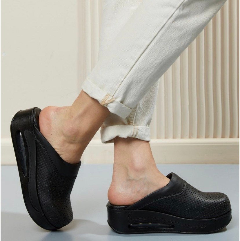 Black Breathable Leather Clogs Slippers Mules Nursing Clogs Handmade, High Heel, Platform